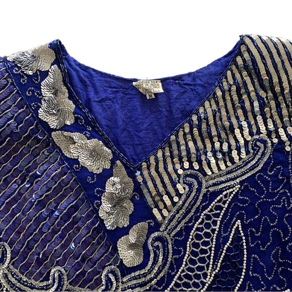 Vintage Royal Blue Pure Silk Beaded Pearl & Silver Sequins V-Neck Retro Blouse - Picture 2 of 10